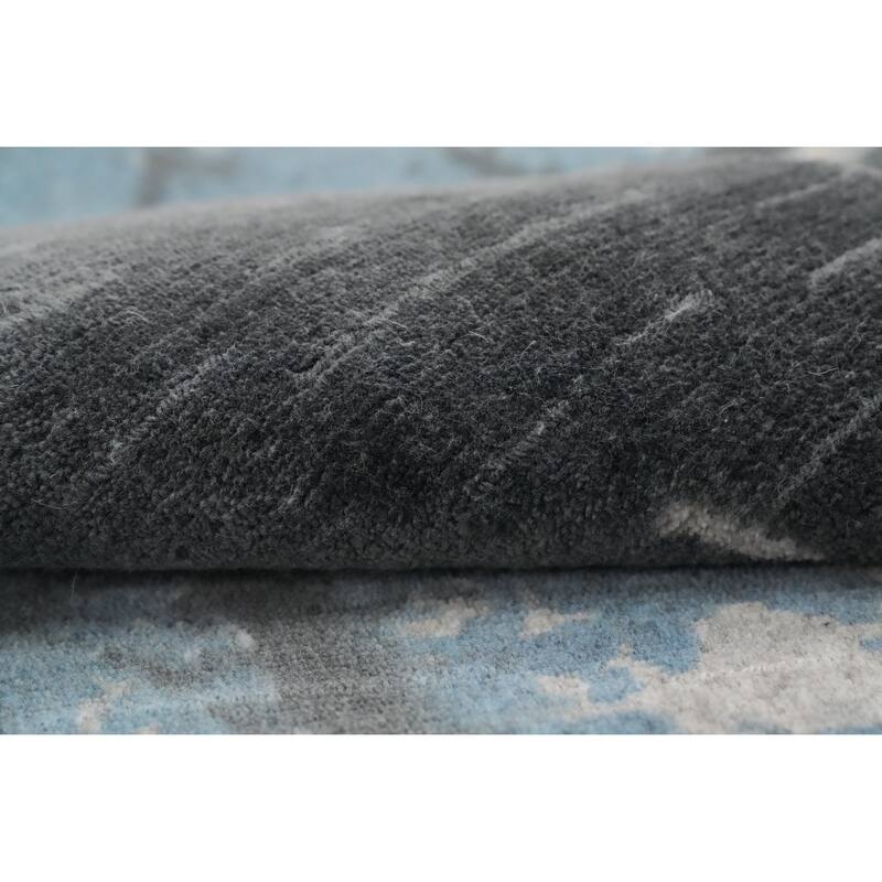 Hand Knotted Oriental Viscose Silk Carpet Modern Abstract Navy Blue & Blues Abstract Runner Rug - 4' 7'' X 2' 4''