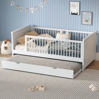 Wood Twin Size Platform Bed with Guardrail and Trundle