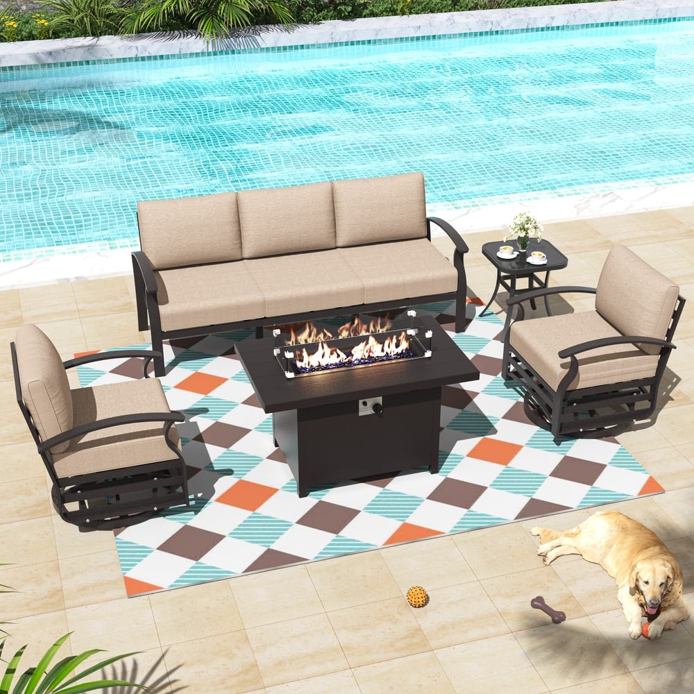 Aluminum Patio Outdoor Sectional Sofa Set with Fire Pit, Swivel Rocking Chairs and Ottomans