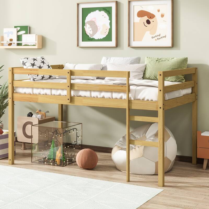 Natural Rubber Wood Twin Loft Bed with Ladder and Strengthened Slats, Low Height Design for Safety