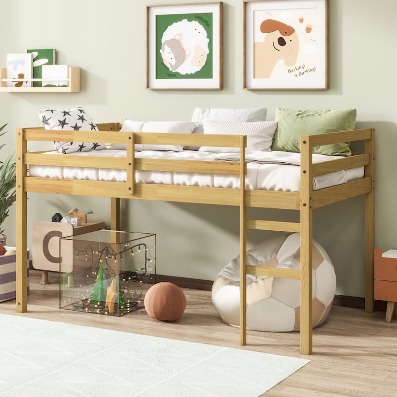 Solid Wooden, Rubber Wooden Twin Loft Bed with Ladder, Bed Platform of Strengthened Slats, Natural