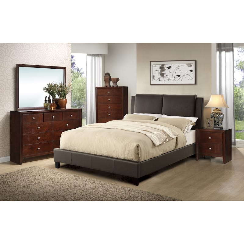 California King Size Bed 1pc Bed Set Brown Faux Leather Upholstered Two-Panel Bed Frame Headboard Bedroom Furniture