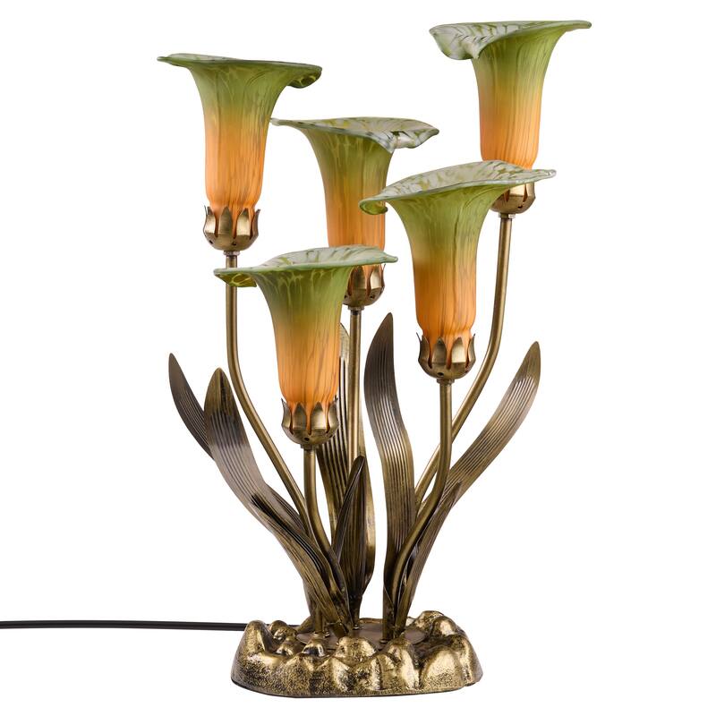 20-inch Antique Brass and Hand Blown Glass 5 Calla Lily Uplight Accent Lamp - 15" x 14" x 20"