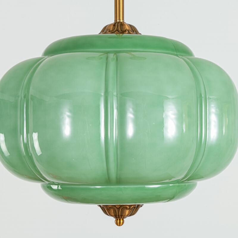 1-Light Retro Antique Brass Pumpkin Shaped Semi-Flush Mount Light/Pendant with Milk/Green Glass for Kitchen, Dining Room