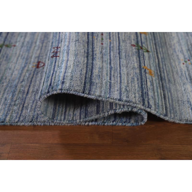 Striped Blue Gabbeh Oriental Area Rug Handmade Wool Carpet - 7'9"x 9'7"