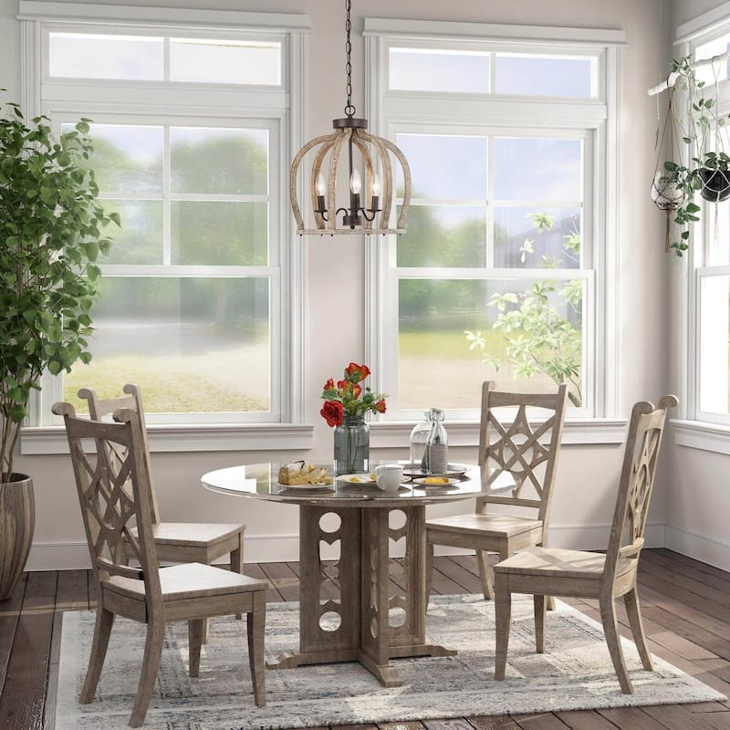 Farmhouse 3-Light Wood Cage Chandelier Lantern Pendant for Kitchen Island Foyer - D15'' x H76''
