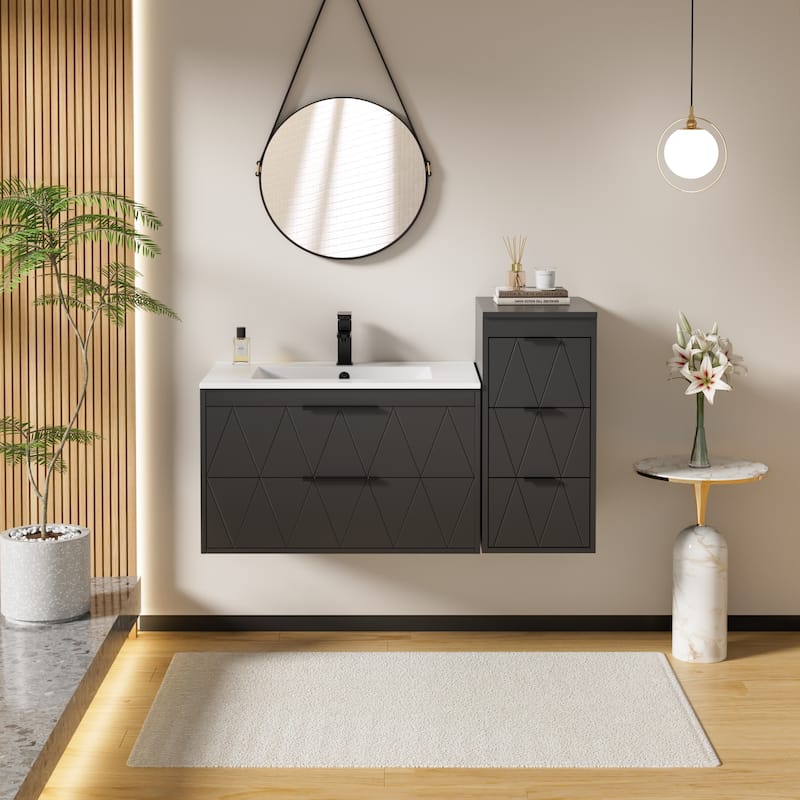 Bathroom Vanity Sink Combo Wall Mounted Cabinet Vanity Set with Side Cabinet - Black - 30 in