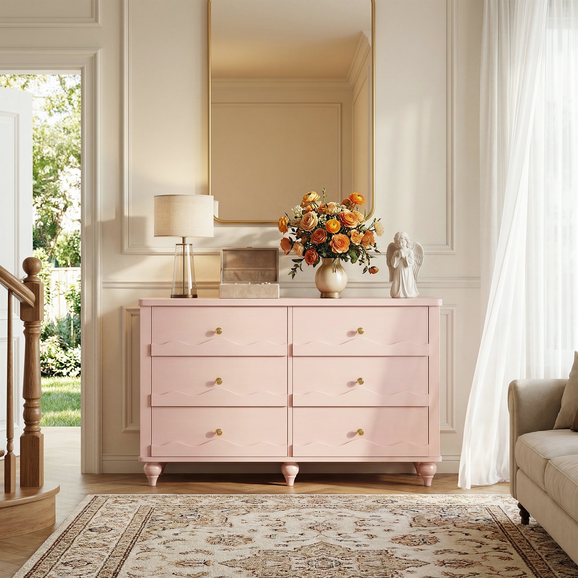 rose gold dresser Anbuy Pink Large 6 Drawer Dresser for Bedroom, Chest of Drawer with 6 Wide Drawers Wood Storage Cabinet Organizer with Metal Legs for Bedroom, Living Room, Entryway : Home The reflective mirror trim below the tops drawers accents perfectly with the metal drop Narill Wave-Inspired 6-Drawer Dresser Closet