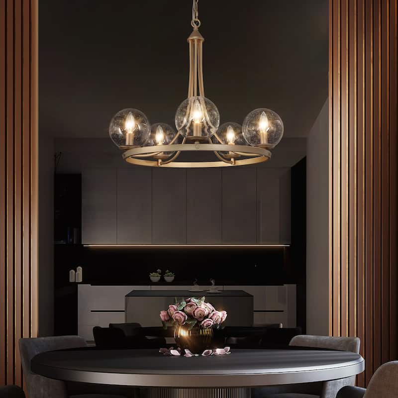 Mid-century Modern 5-Light Wagon Wheel Dining Room Chandelier Globe Seeded Glass Kitchen Island - 24" D x 21"H