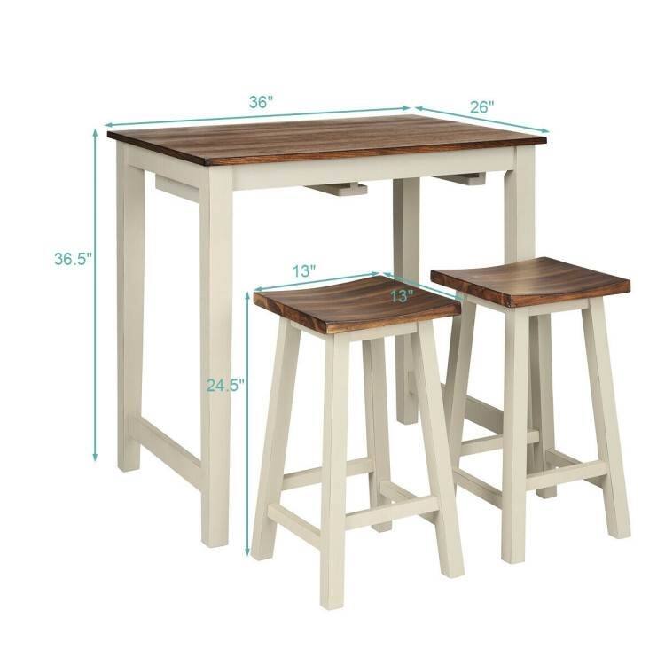 3 Piece Farmhouse Counter Height Kitchen Pub Table Set with 2 Saddle Bar Stools - 36 x 26 x 36.5 (inches - L x W x H)