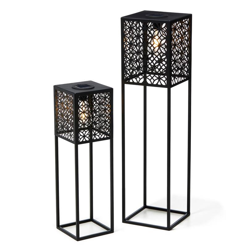 Glitzhome Set of 2 Black Metal Cutout Pattern Solar Powered Edison Bulb Outdoor Floor Lantern or Planter Stands