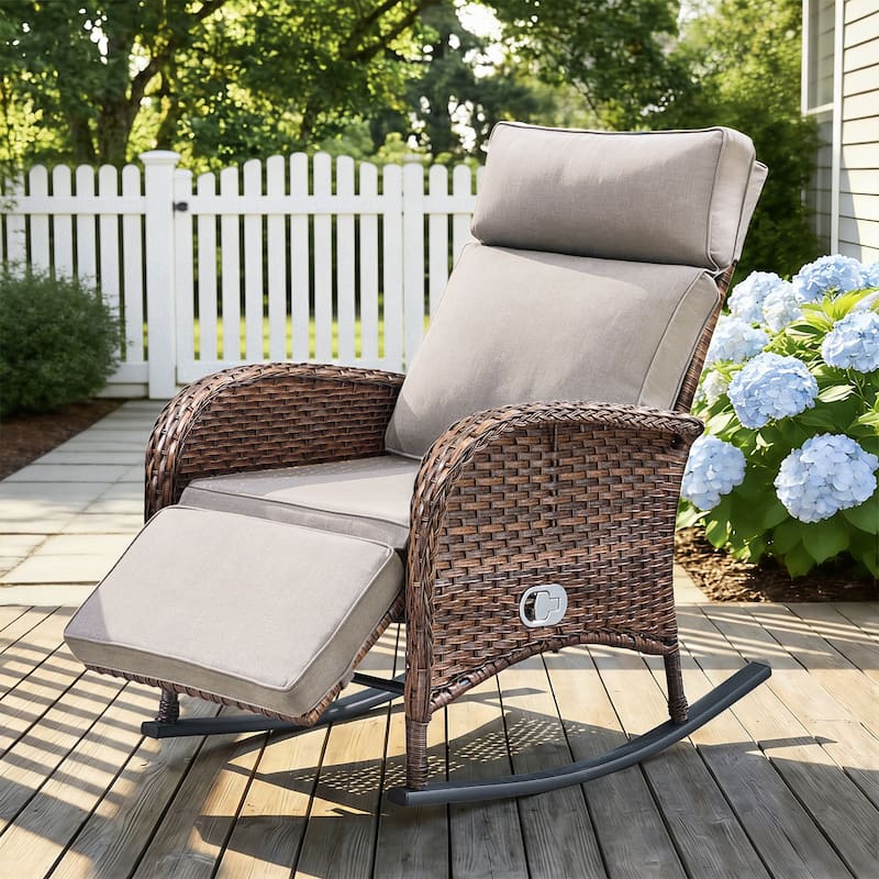 Pocassy Outdoor Curved Rocker Chaise Lounge Chairs with Side Table Set. - Brown Wicker with Beige Cushion - 1 Piece Rocker Recliner Chair