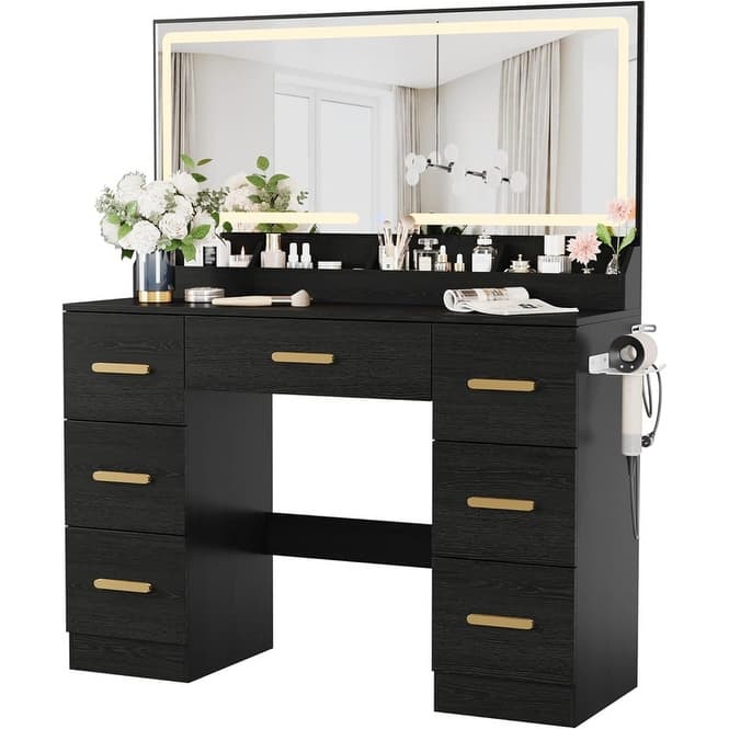 45.9" Vanity Desk with LED Mirror, Power Outlet, 7 Drawers