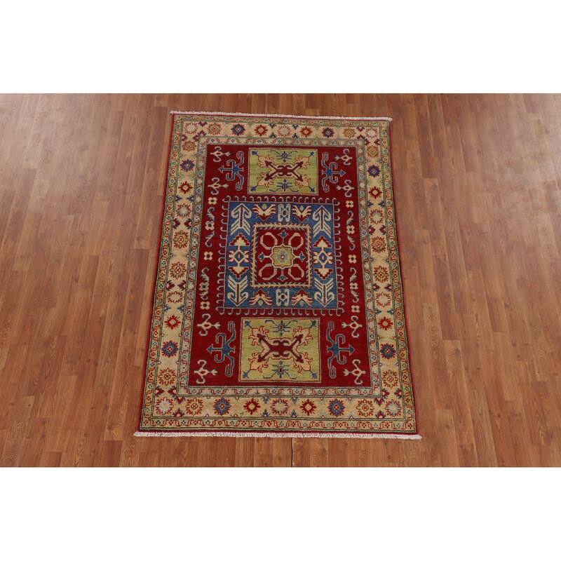 Traditional Kazak Oriental Area Rug Handmade Geometric Red Wool Carpet - 4'3" x 6'4"