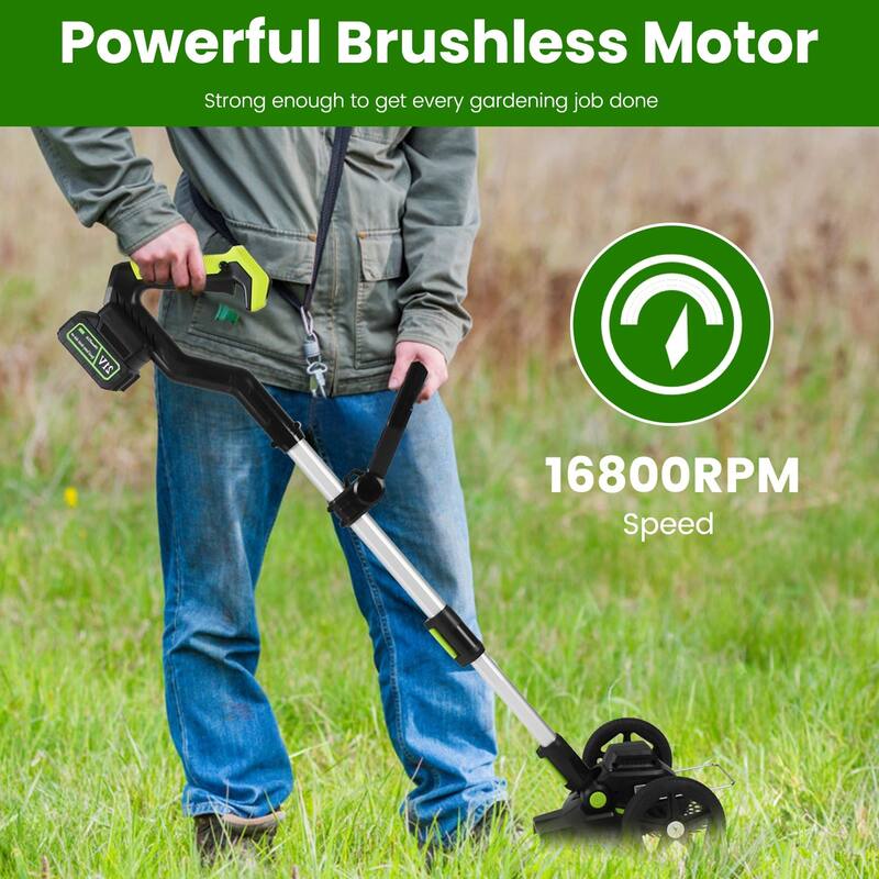 21V Cordless Brushless Grass Trimmer with 3 Blade Types and Adjustable Pole Dual Wheels - 7.68” x 4.33”