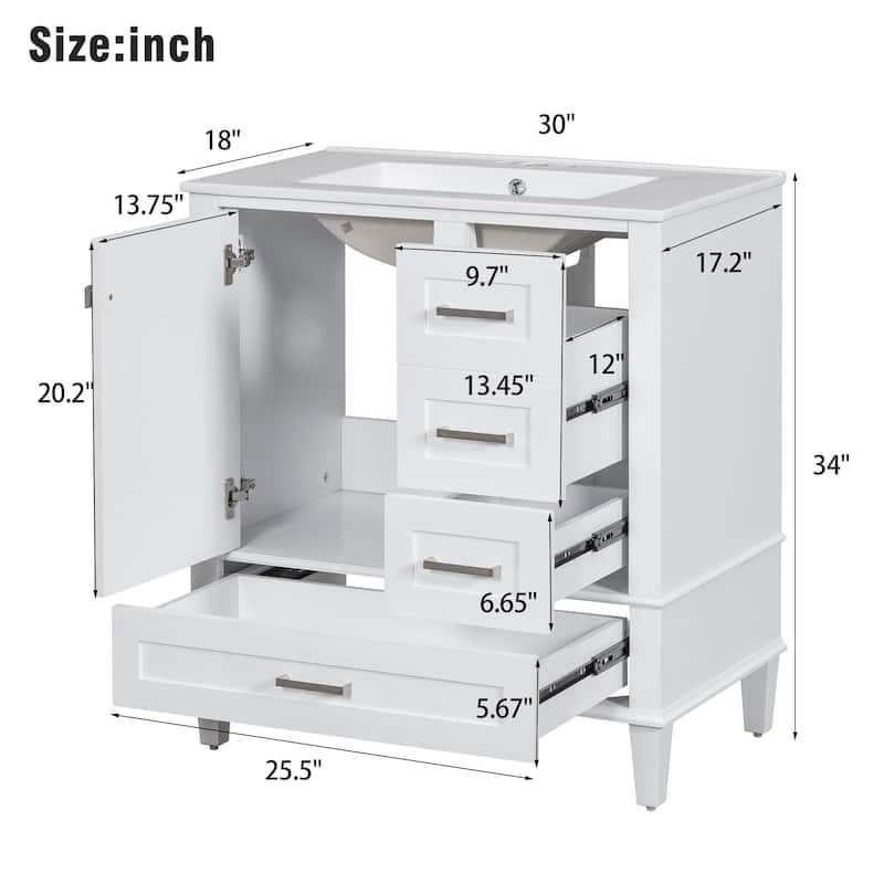 GDFStudio - Iris Wood & Ceramic Modern 30" Bathroom Vanity with Sink, Soft-Close Door & 3 Drawers