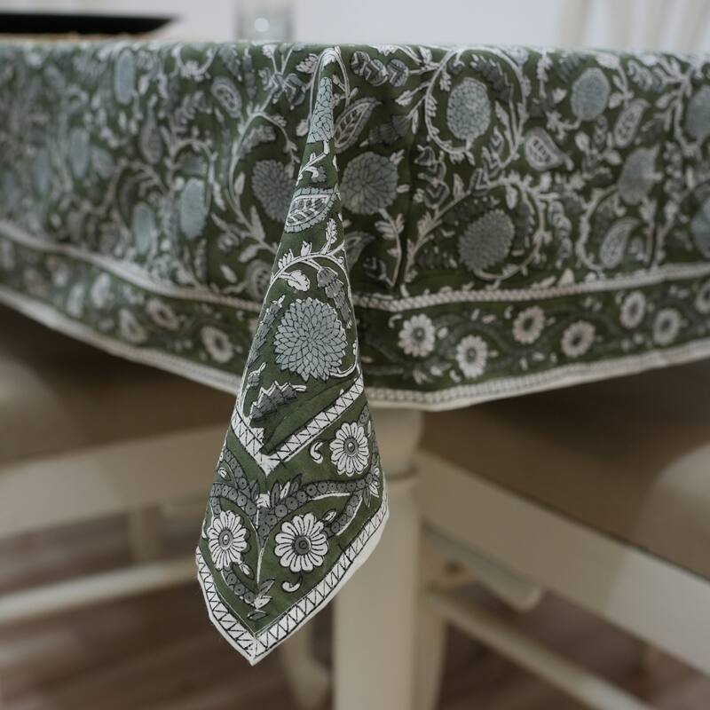 Fabdivine Handmade Block Print Cotton Brown Table Cover or Cloth Dining, Farmhouse & Kitchen Décor - 72"X140" - Gopi- Dark Green
