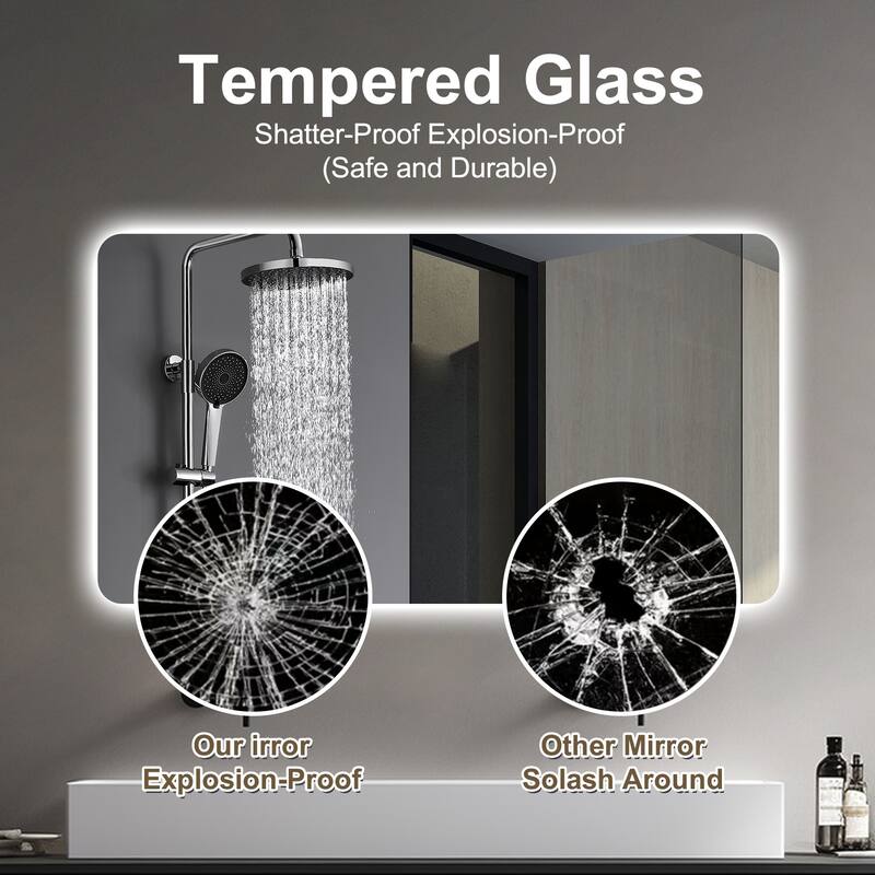 LED Wall Mirror - Bathroom/Full-Length/Makeup Use, 3 Color Lighting, Dimming, Waterproof - Silver