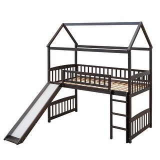 Multifunctional Twin Size Wood Loft Bed,Whimsical Playhouse Design with Slide
