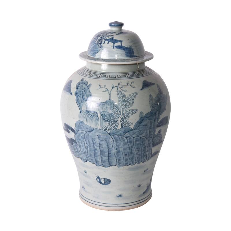 Blue And White Porcelain Temple Jar Pagoda Landscape Motif - 13x13x21
