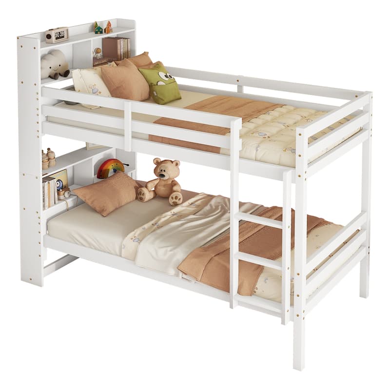 Roomfitters Twin Over Twin Rubber Wood Bunk Bed with Shelves Headboard, Convertible Design, Ladder and Safety Guardrails