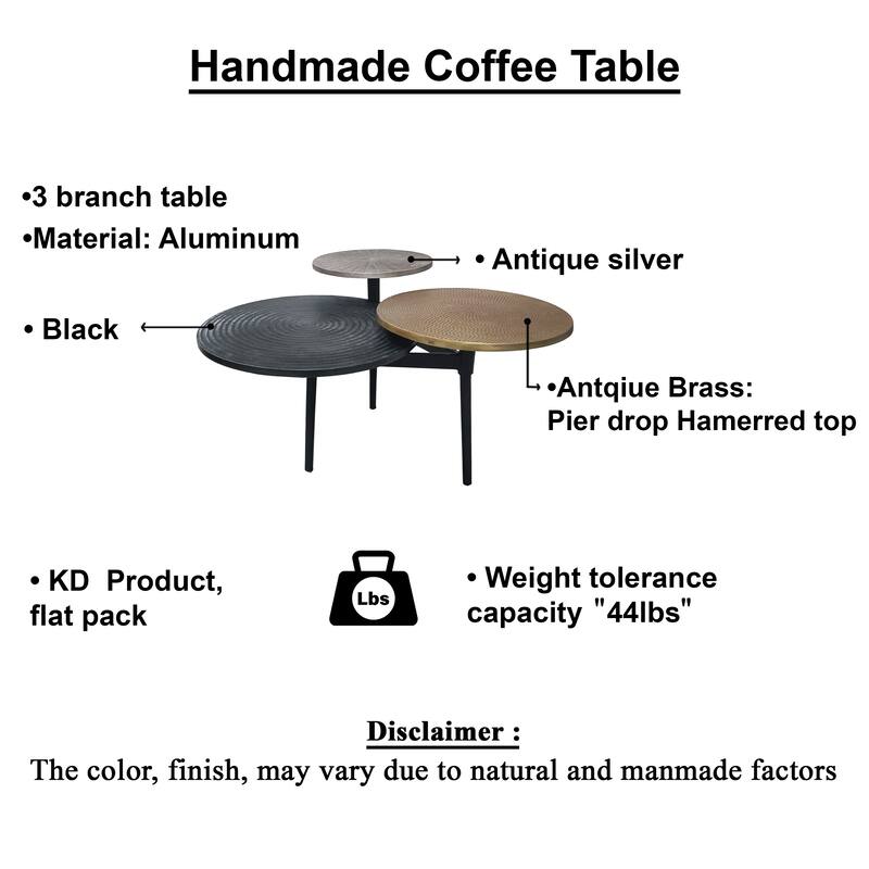 Trilogy 3 Tier Coffee Table, Handcrafted In Black, Antiqued Brass and Silver Finish, 37-Inch