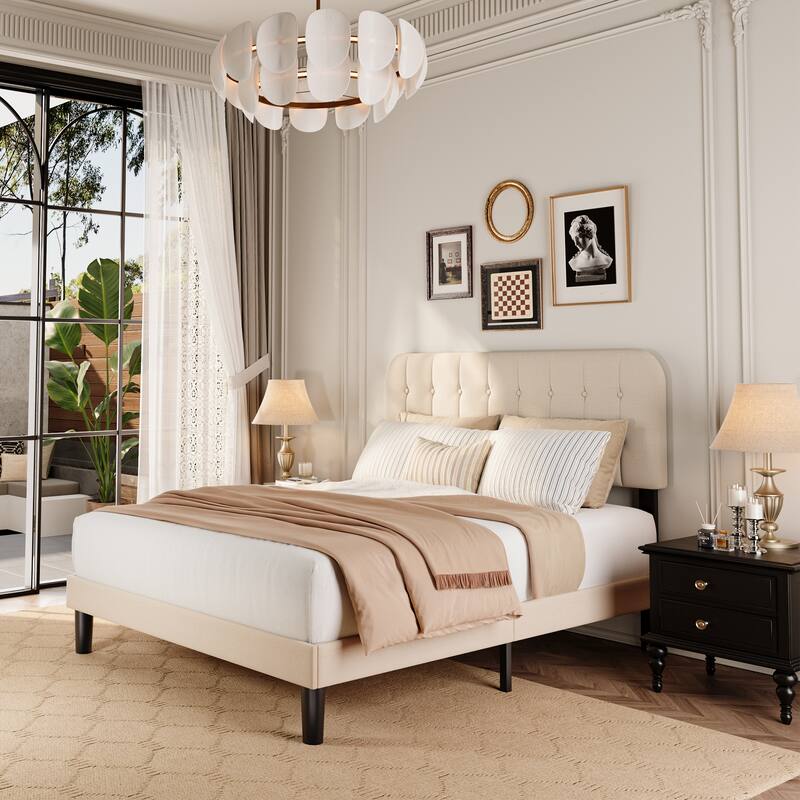 Full / Queen / King Bed Frame with Headboard, Upholstered Platform Bed with Sturdy Wooden Slats