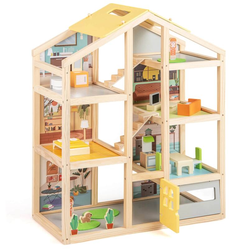 Costway Kids Wooden Dollhouse with 7 Rooms 18 Pcs Furniture - Natural - See Details - Natural - Assembly Required - See Details - Kids