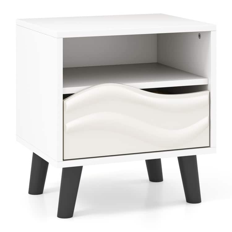 White and Black Nightstand with 3D Wavy Drawer Open Shelf and Tapered Feet - White-Black