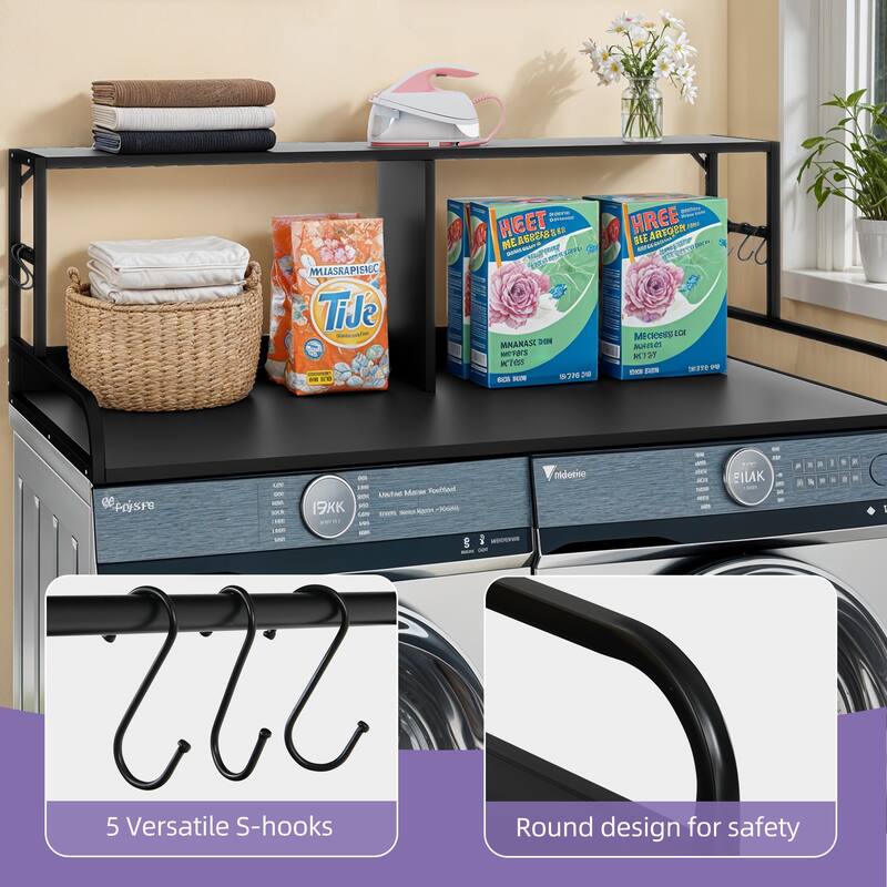 Moasis Laundry Countertop with Double-Layer Storage Shelf and 5 Built-In Hooks