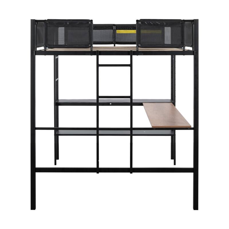 Full Size Metal Loft Bed with Built-in Desk, Shelves & Textilene Guardrail - Space Saving Design with Noise-Free Wood Slats