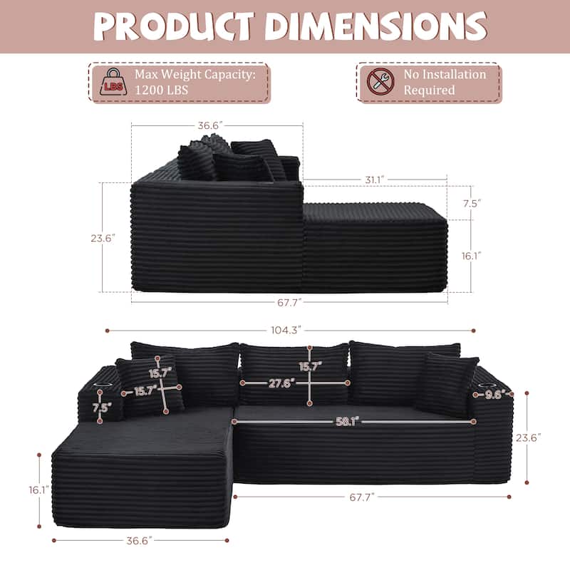 104" Upholstered No-Assembly Modular Sofa Chaise Sofa with Cupholders, Free Combination