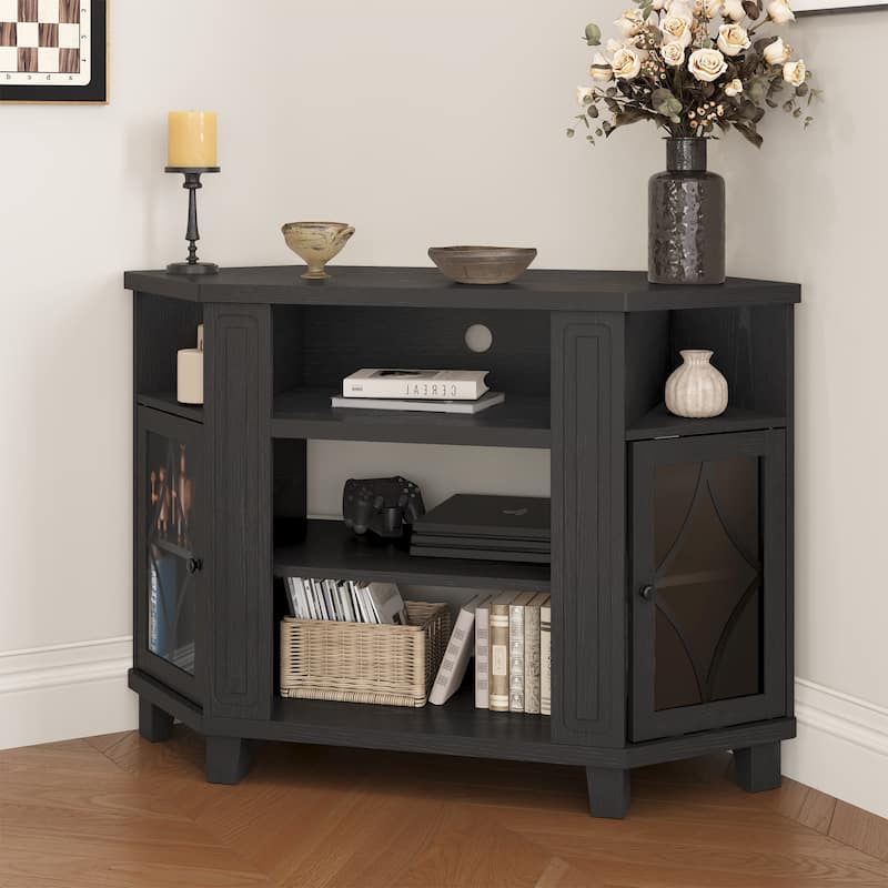 Corner TV Stands for TVs up to 55'', Media Console Table with Adjustable Shelves - Black