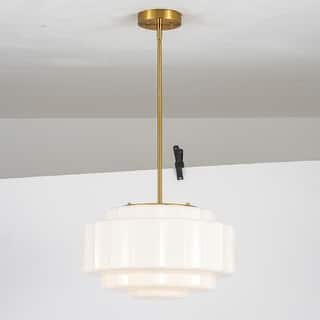 3-Light Mid-Century Modern Brass Tiered Milk Glass Pendant for Dining Room - 15.7 in. W x 7.1 in. H