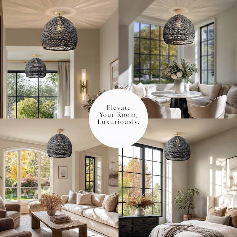 Lunar Rattan Flush Mount Rattan Black 1-Light Handwoven Ceiling Light for Bedroom or Hallway in Modern, Mid-Century, Boho Style
