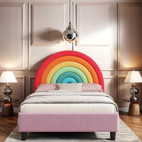 slide 2 of 16, Rainbow Design Twin Platform Bed Sport Style Upholstered Bed for Girls & Teens Multi