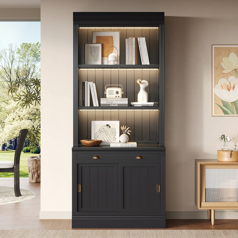 Modern Bookshelf Suite, 83.4" Wood Bookcase with Doors & Drawers, 4-Tier Large Storage Cabinet, Large LED Display Shelf