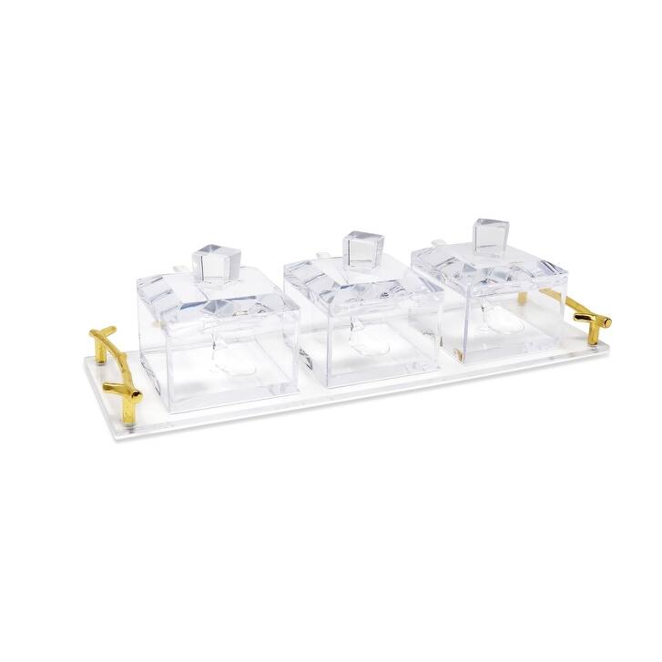 3 Bowl Acrylic Serving Dish on Tray with Covers and Spoons - Clear