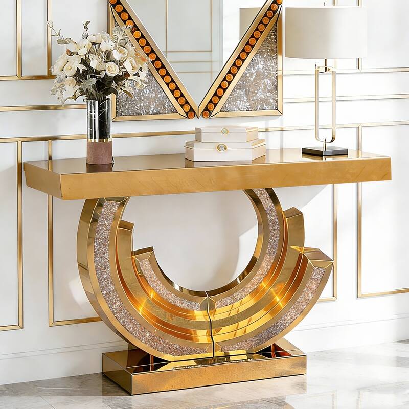 New Design Crushed Diamond Mirrored Console Table, Entryway Table With Diamond Inlay, Long Accent Table, Glass Sofa Table