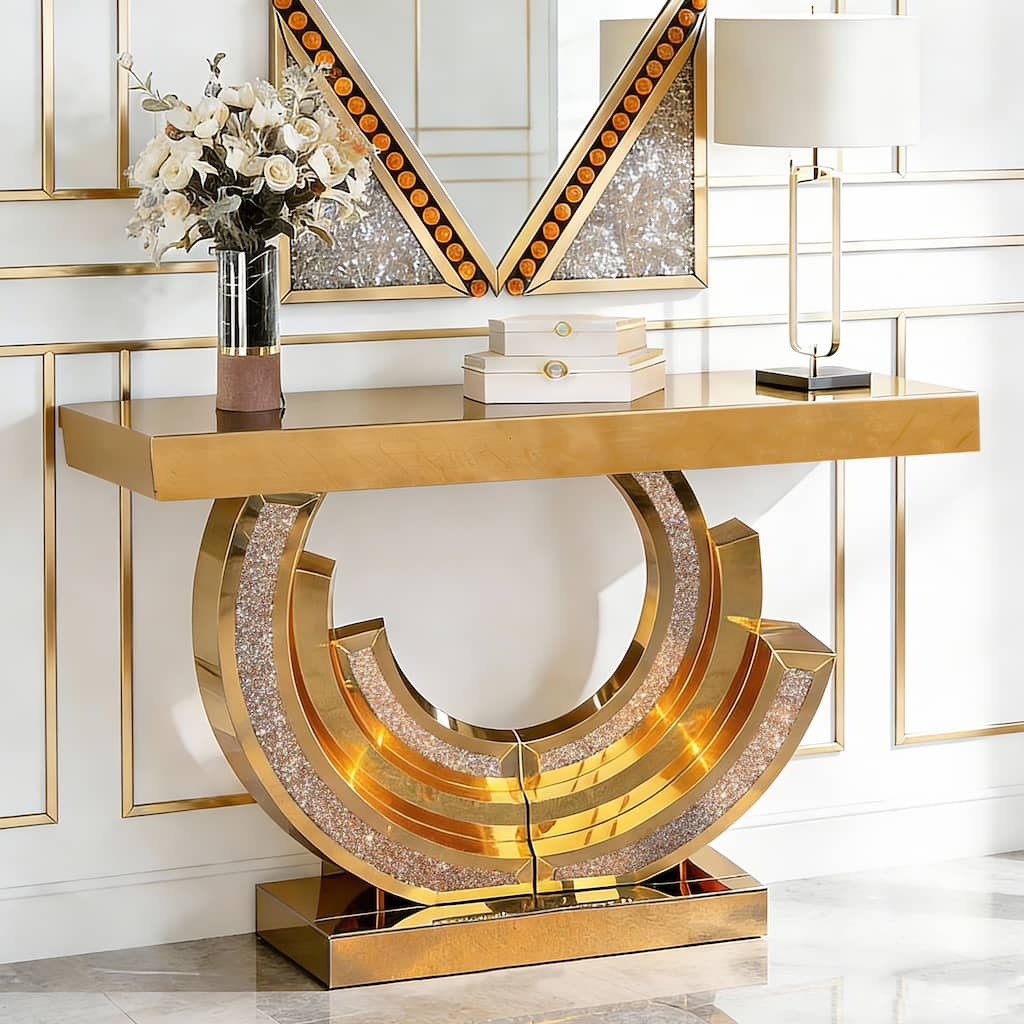 New Design Crushed Diamond Mirrored Console Table, Entryway Table With Diamond Inlay, Long Accent Table, Glass Sofa Table