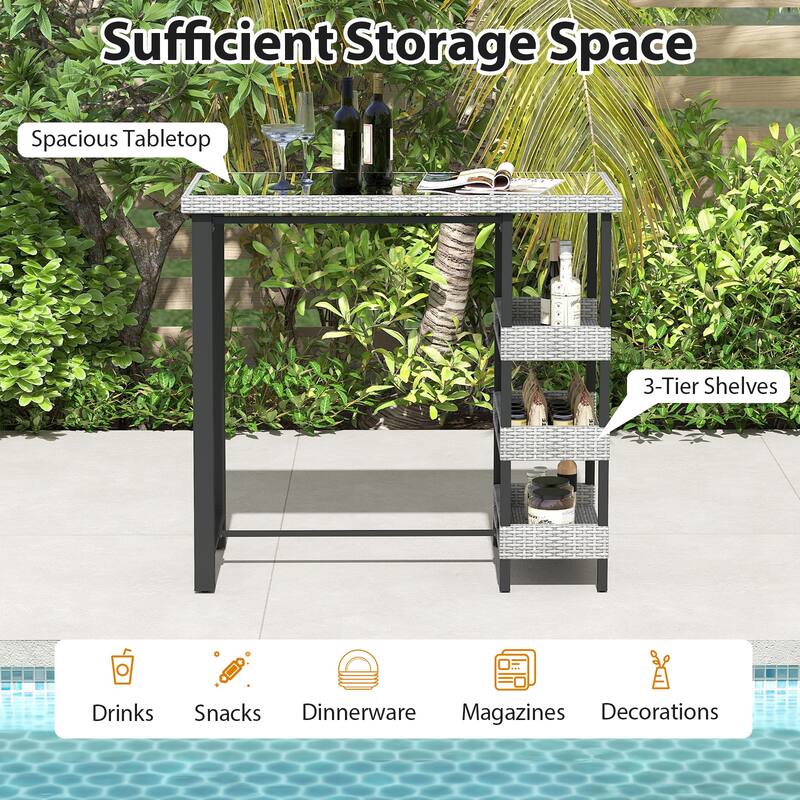 Mix Grey Rattan Metal Bar Table with Glass Top and 3 Storage Shelves - 43.5" L x 22" W x 41" H