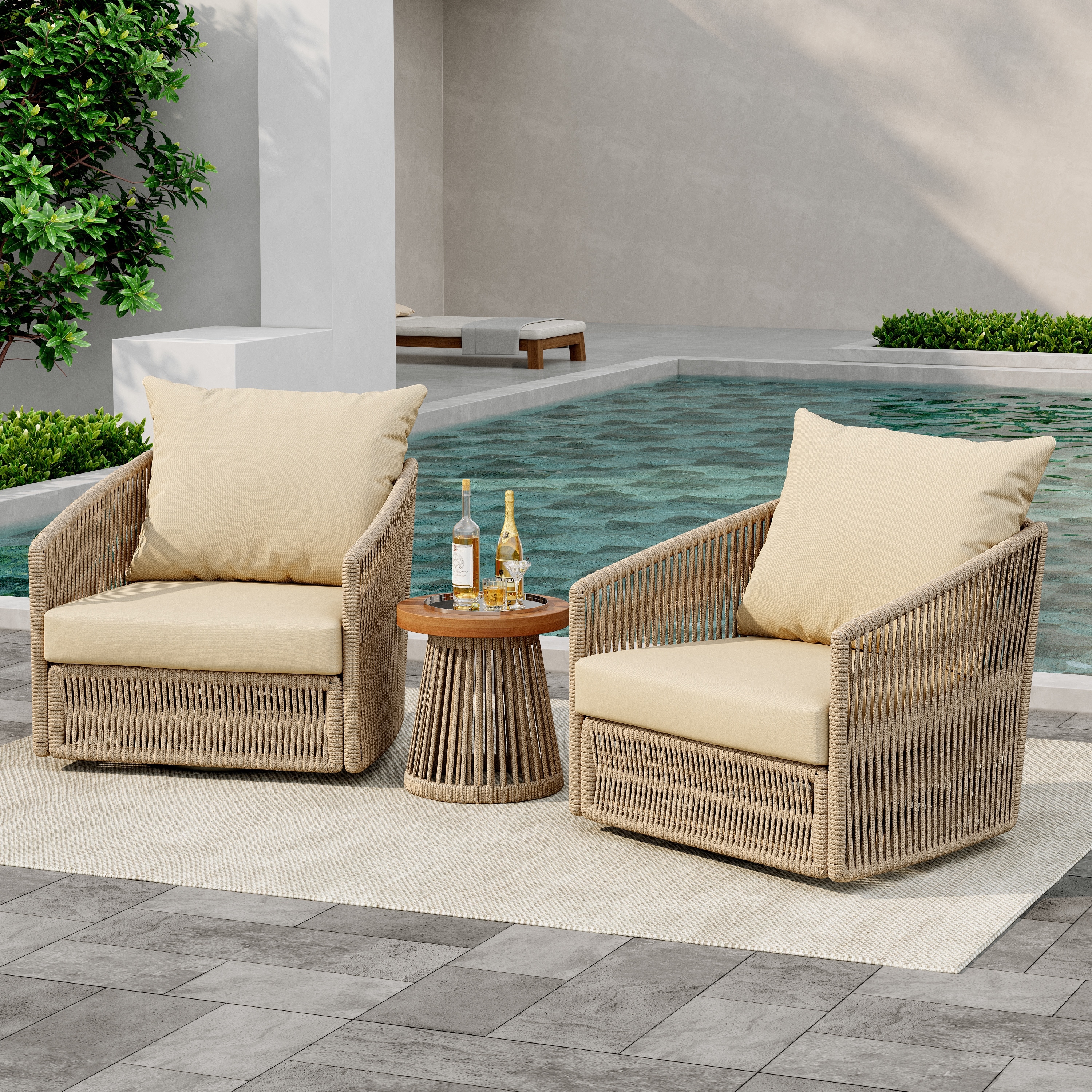 3-Piece Outdoor Rattan Swivel Lounge Chair Set Barrel Chairs for Backyard