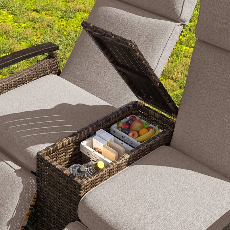 Outdoor Patio Recliner Loveseat Chair with Adjustable Backrest, All Weather 2 Seater PE Wicker Lounge Chair with Storage Box
