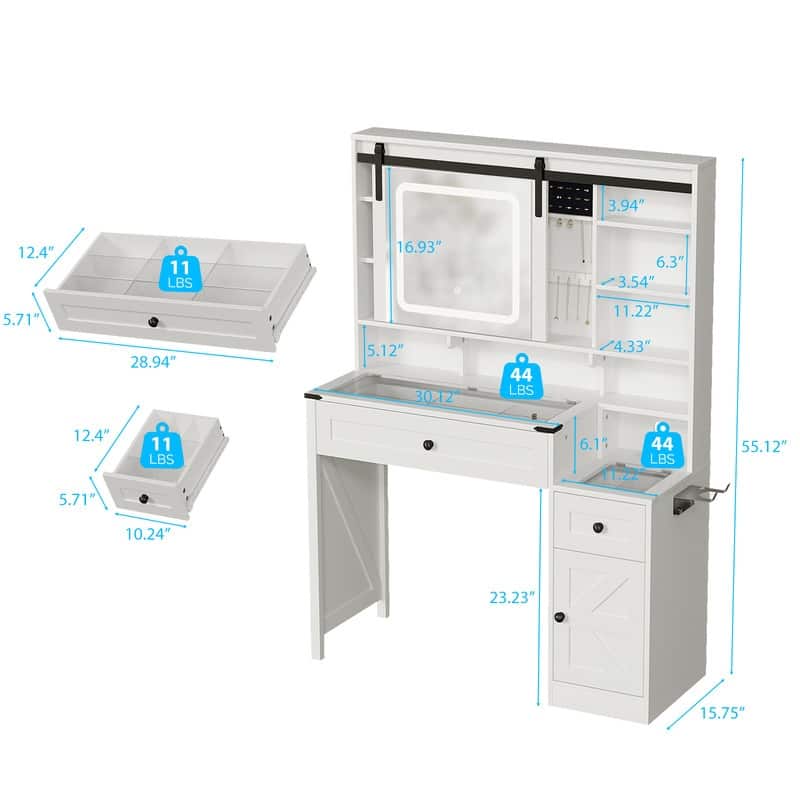 Particle Board, Melamine Veneer, 2 Drawers and 1 Door, Glass Desktop, Barn Door Style Dressing Table - N/A