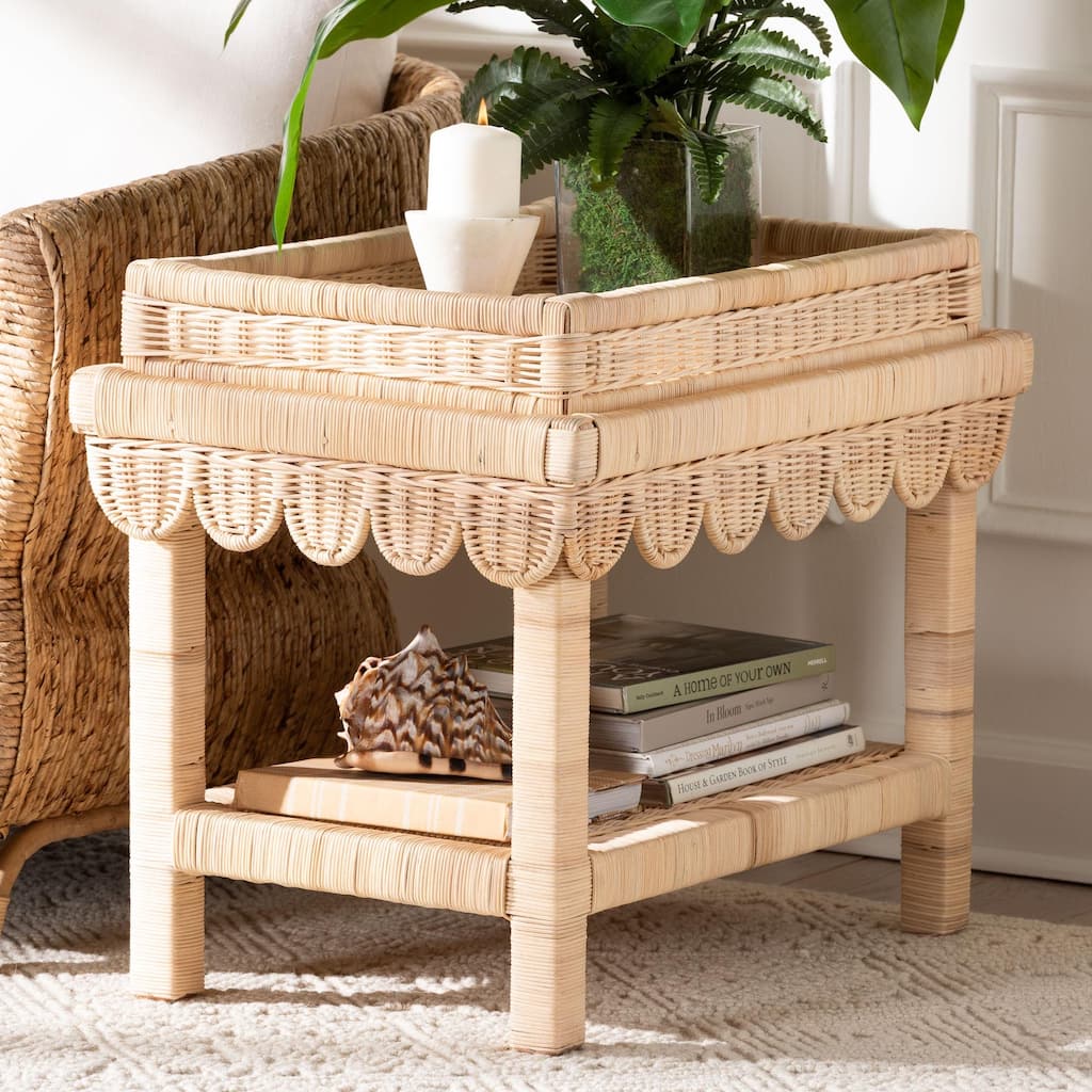 Weyman Scalloped Rattan End Table with Removable Tray Top - Handwoven Rattan Accent Table with Shelf, Coastal Boho Style