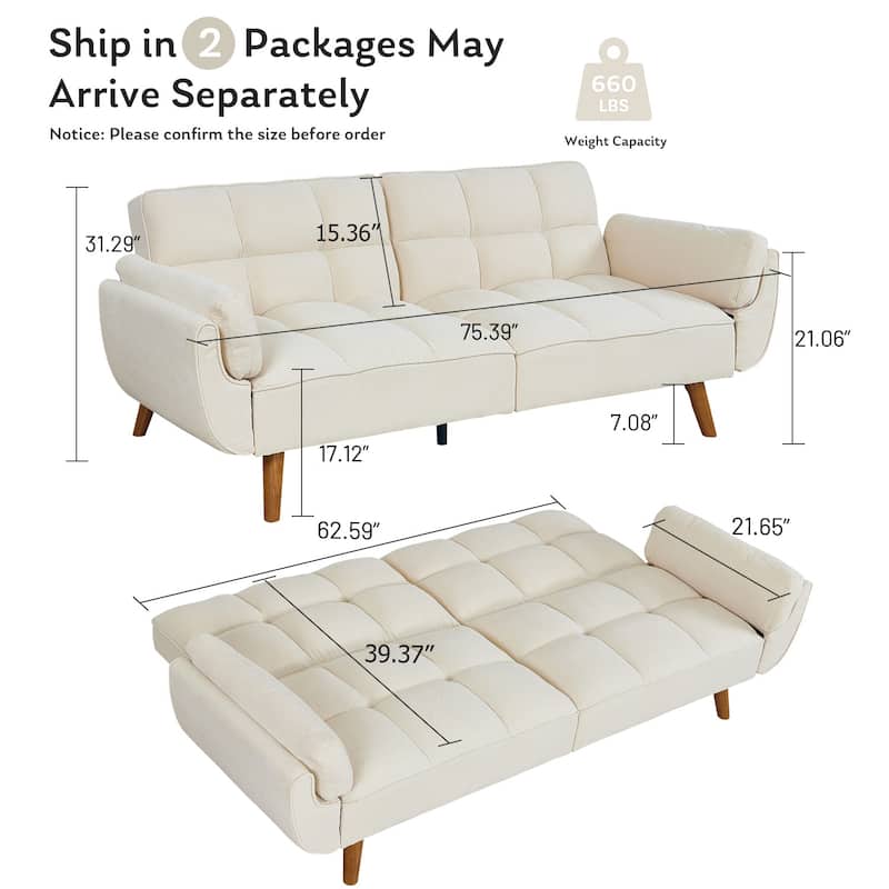 Futon Sofa Bed, Convertible Sleeper Couch with Pillows, Foldable Loveseat Furniture for Living Room