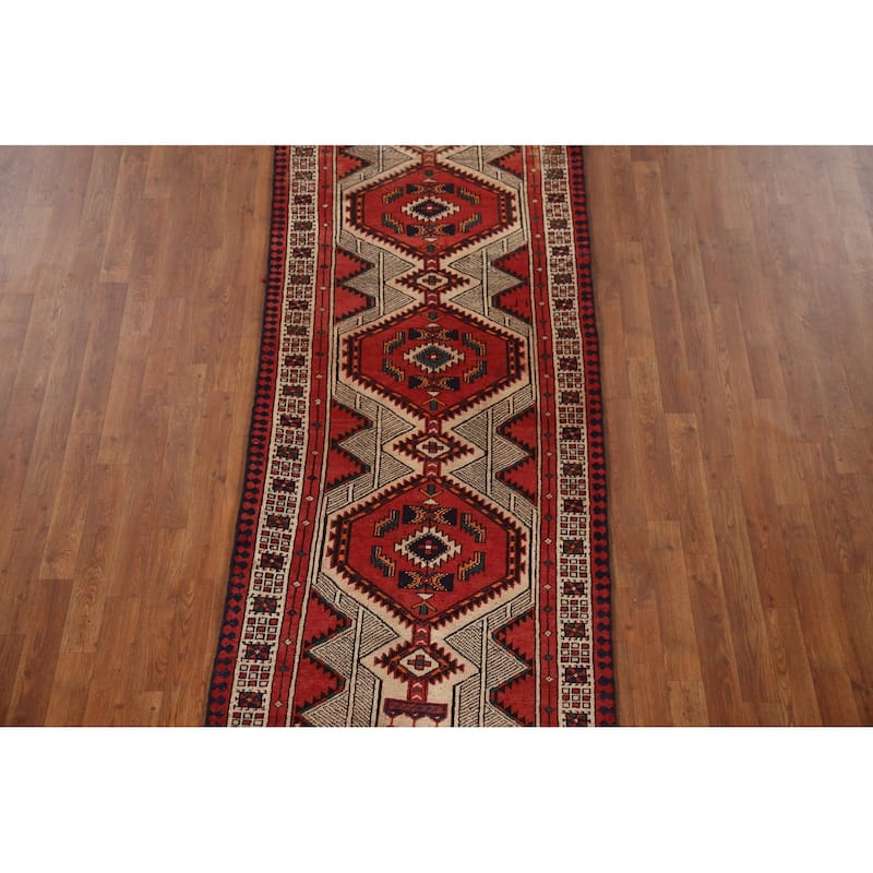 Red Ardebil Persian Vintage Runner Rug Handmade Wool Carpet - 3'2"x 9'8"