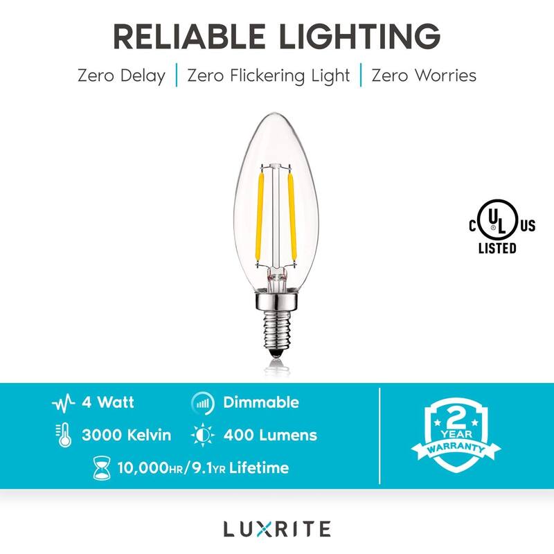 Luxrite 4W Vintage Candelabra LED Bulbs Dimmable, 400 Lumens, 40W Equivalent, Clear Glass, E12 Base (6 Pack)