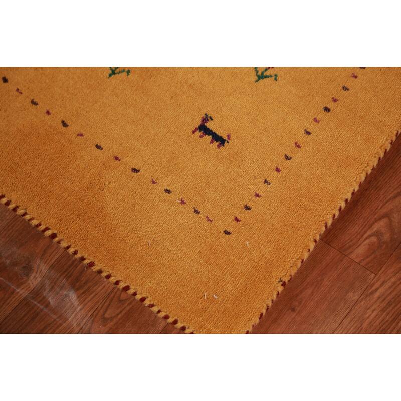 Hand Knotted Oriental 100% Wool Carpet Tribal Animal Pictorial Yellow & Gold Gabbeh Runner Rug - 9' 10'' X 2' 6''