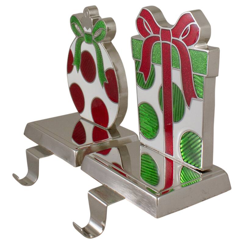 Set of 2 Green, Red, and Silver Gift Box Christmas Stocking Holder